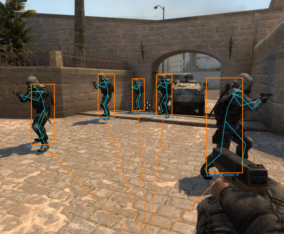 Rust players in hazmat gear moving through grassy terrain near industrial monuments