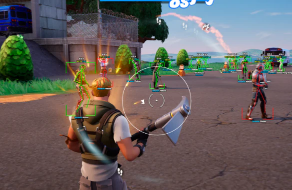 Rust PC ESP wallhack overlay with player boxes, distance tags, and aimbot FOV circle