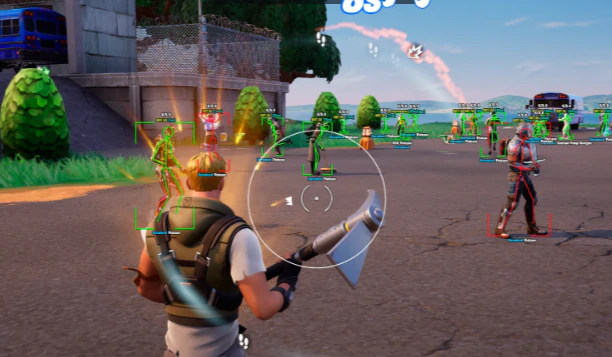 Rust shore spawn ESP with skeleton boxes and aimbot reticle overlay